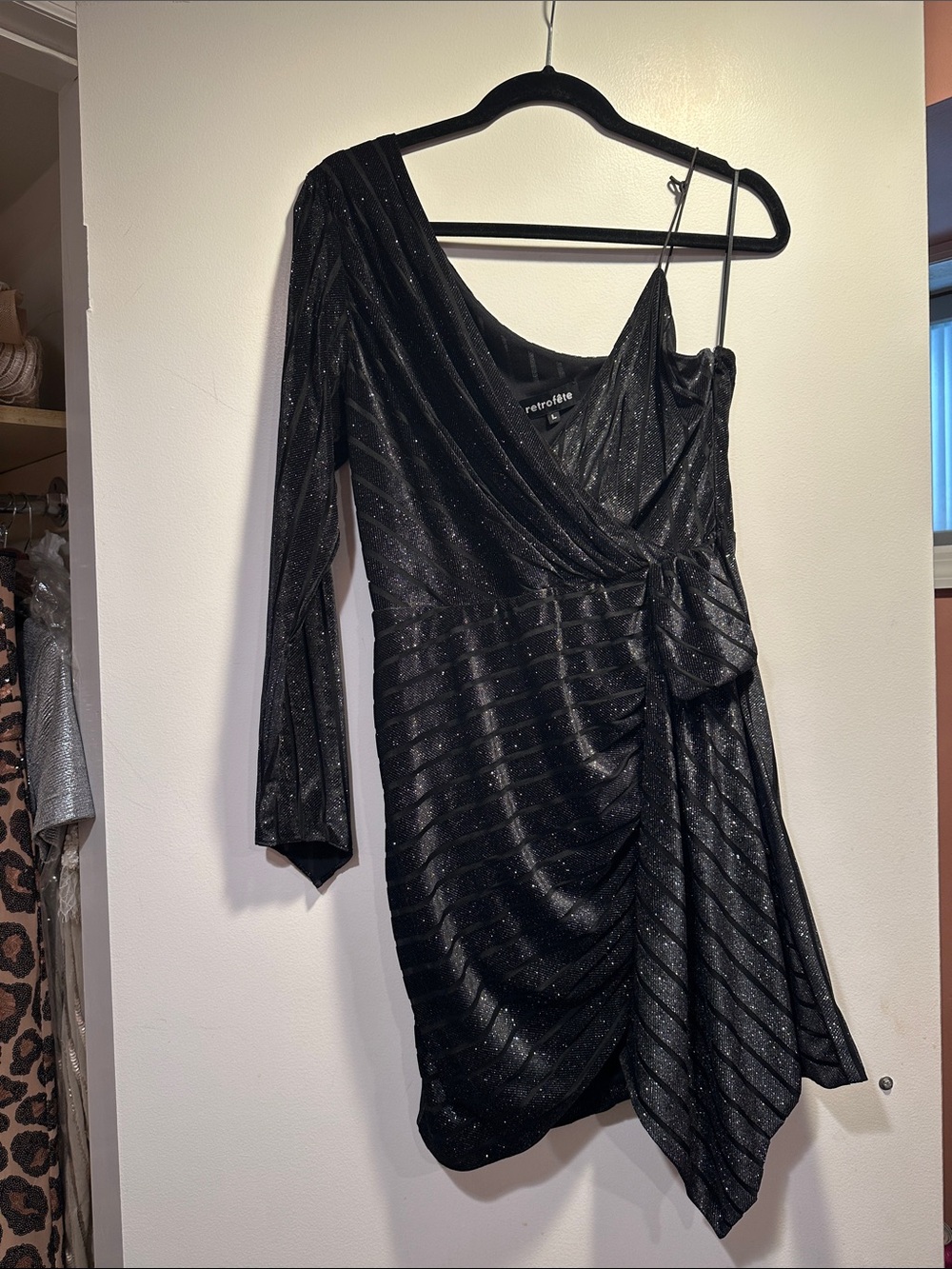 Retrofete Black One-Shoulder Sparkle Mini Dress